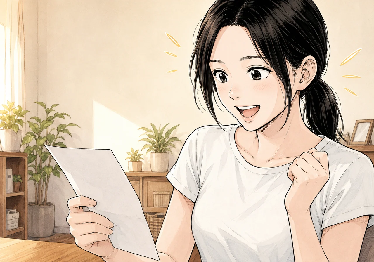 給与明細を見て喜ぶ先輩スタッフ