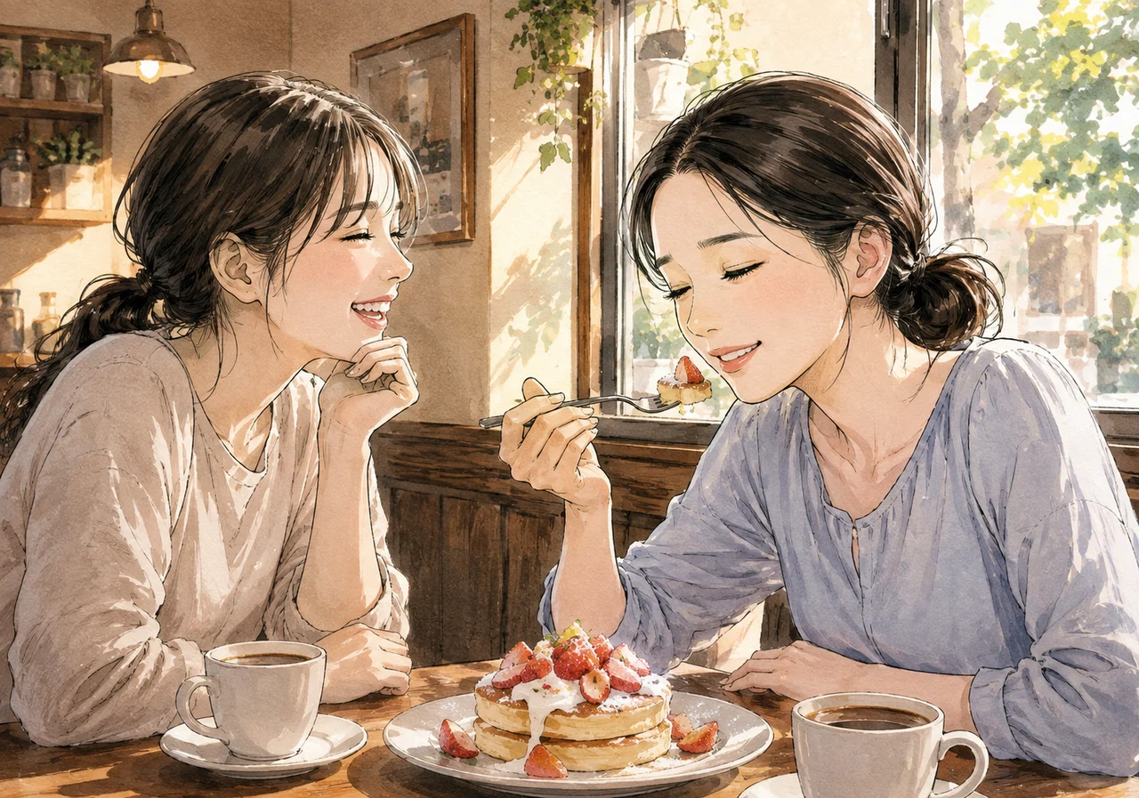 カフェで友人とスイーツを楽しむ 想像の休日