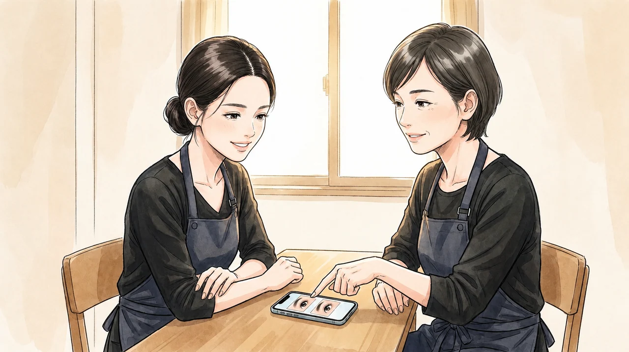 先輩と写真を確認して 理解が深まり表情が和らぐ